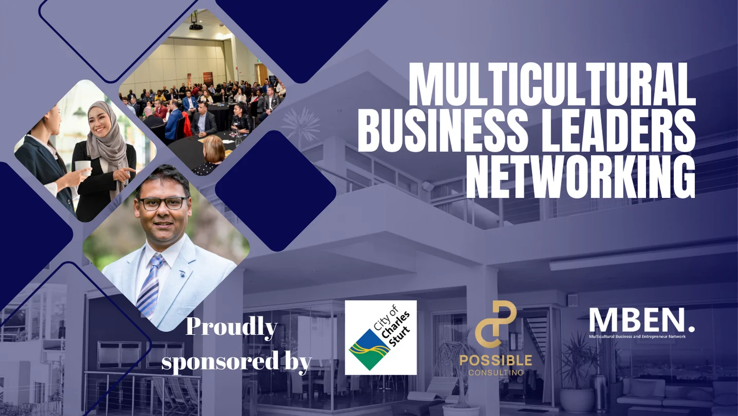 Banner for the Multicultural Business Leaders Networking Event hosted by the Multicultural Business and Entrepreneur Network in Adelaide, South Australia